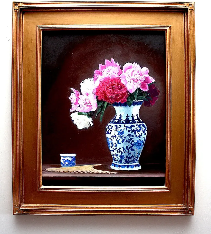 Gray Jacobik Original Oil Painting on Linen Canvas Still Life Peonies Vase Teacup Fan Framed