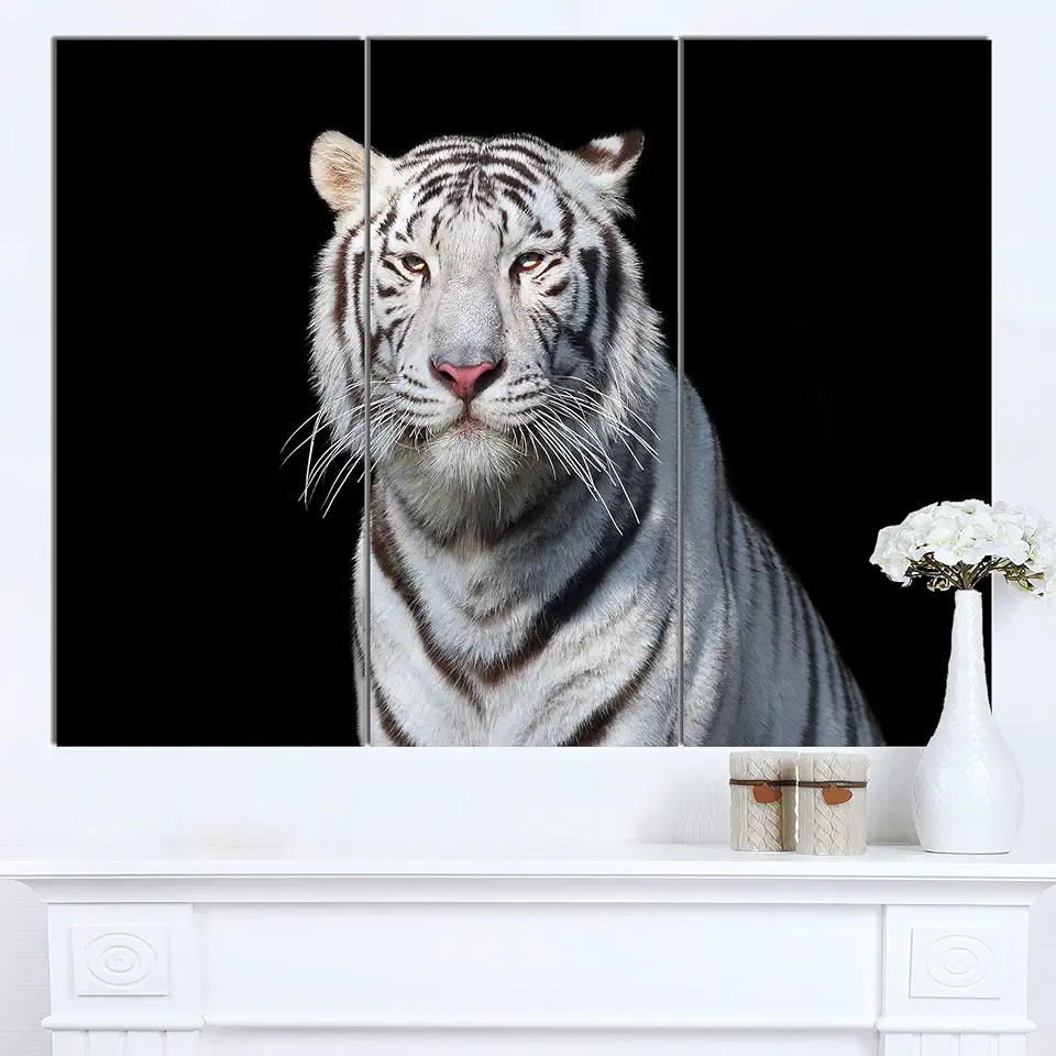 Design Art Stunning White Bengal Tiger Animal Wall Art Print, 36x28-3 Panels