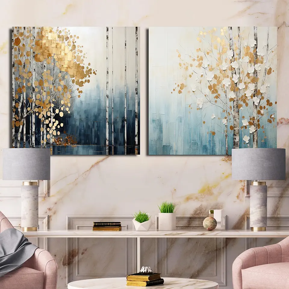 DesignQ overszied Traditional Canvas Wall Decor Set - Large Beige Canvas Wall Art - Blue And Gold Minimalist Forest Set Of 2-33x16 Inches -Multipanel Forest Canvas Set