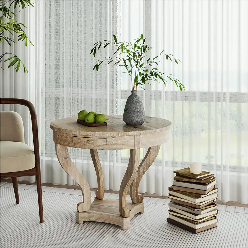Round Dining Table, Farmhouse Kitchen Table - Small Coffee End Side Table with Storage - Natural Wood Grain, Distressed Finish, Curved Legs