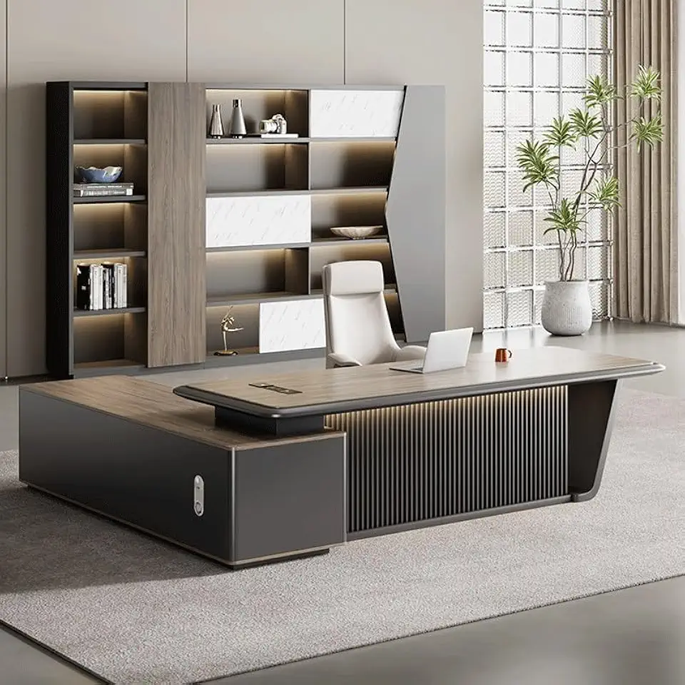 L-Shape Executive Desk and Chair Set Modern Luxury Office Furniture for Boss CEO Manager Large Work Surface Contemporary Executive Table with Large Capacity Storage Cabinet Drawers(240cm)