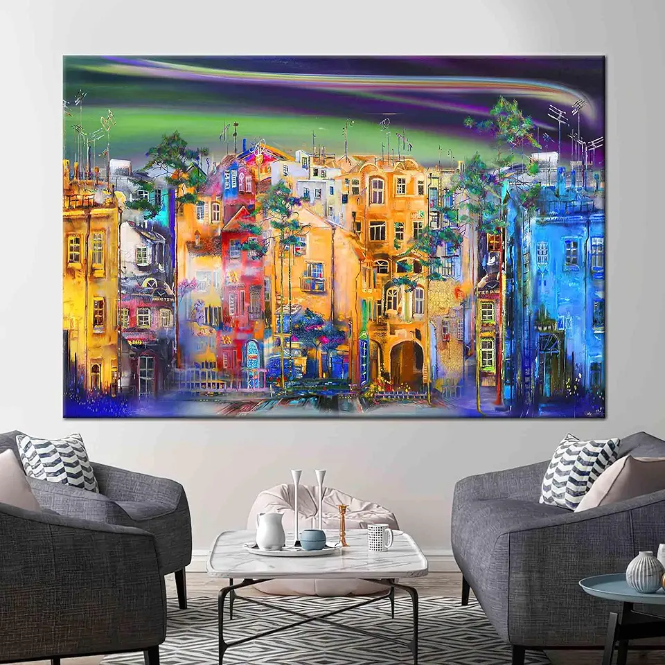 Stunning Street Silhouette Oil Painting Print on Canvas Featuring a Cityscape View for a Unique and Engaging Addition to Your Landscape Wall Decor Collection - 1PC - 100x235