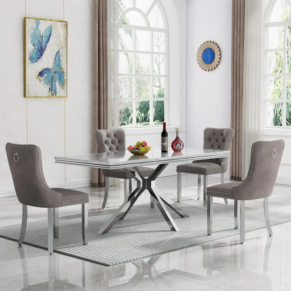 Henf White Marble Dining Table Set for 4, Modern Silver Dining Room Table Set with 4 Grey Velvet Upholstered Chairs, 5 Pieces Rectangle Faux Marble Kitchen Table and Chairs Set w/Stainless Steel Legs