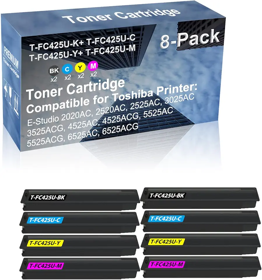 8-Pack (2BK+2C+2Y+2M) Compatible High Capacity T-FC425U-K+ T-FC425U-C+ T-FC425U-Y+ T-FC425U-M Toner Cartridge Used for Toshiba E-Studio 2020AC, 2520AC, 2525AC, 3025AC Printer
