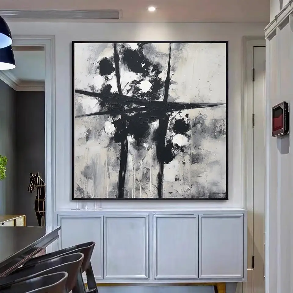 GYJAGHL Canvas Black and White Abstract Oil Painting,Neutral Wall Art, Minimalist Artwork,Abstract Canvas Textured Wall Art,Unstretched,Frameless,(61X61cm) 24X24Inches