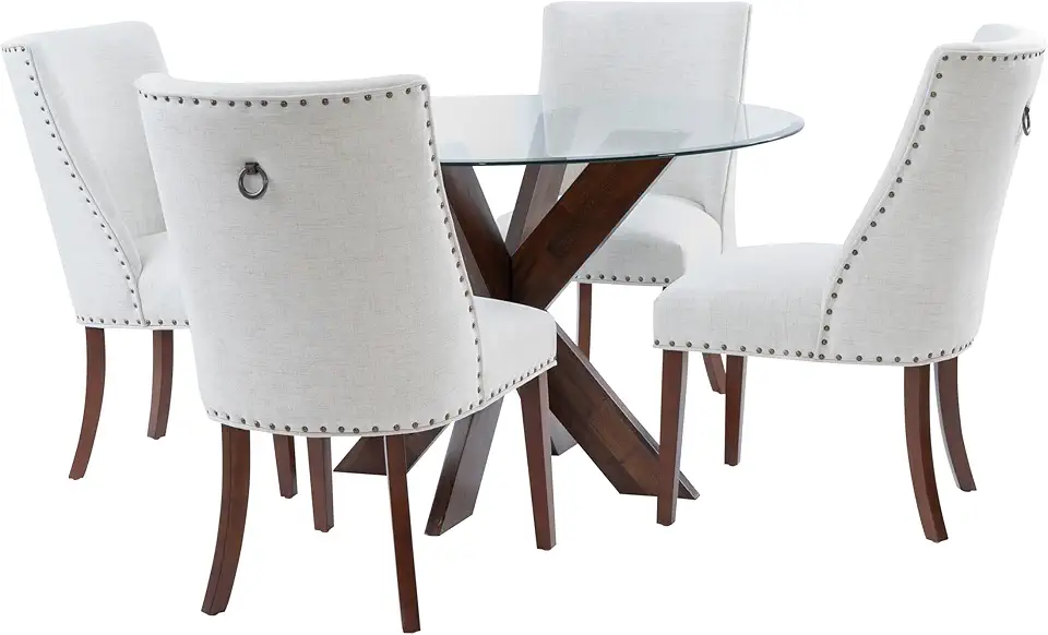 Powell Parnell Natural Espresso Modern Wood X Base Five Piece Dining Set with Round Glass Top Includes Four Dining Chairs