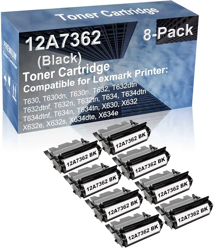 8-Pack Compatible High Yield T632n, T632tn, T634, T634dtn, T634dtnf, T634n Printer Cartridge Replacement for 12A7362 Toner Cartridge (Black)
