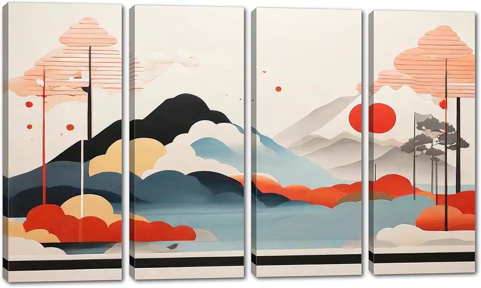 80 x 50 TOTAL - Japandi Canvas Wall Art Print Mountain landscape with clouds, minimalist art - 4 Panel Split