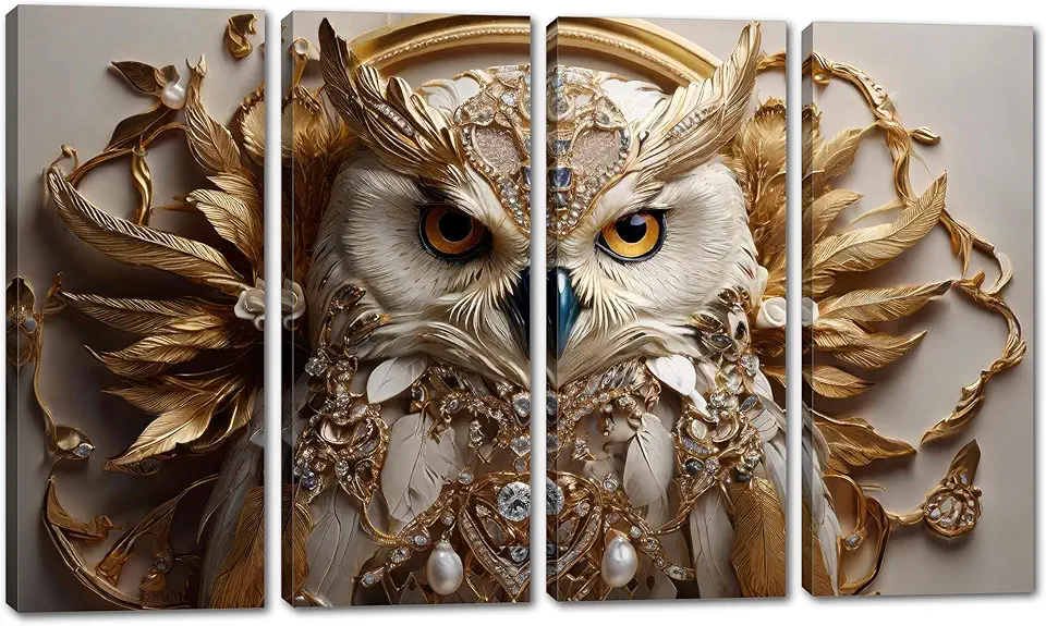 80 x 50 TOTAL - Queen Owl Canvas Wall Art Owl Print with gold jewlery ornaments,Flat 2D Giclee - 4 Panel Split