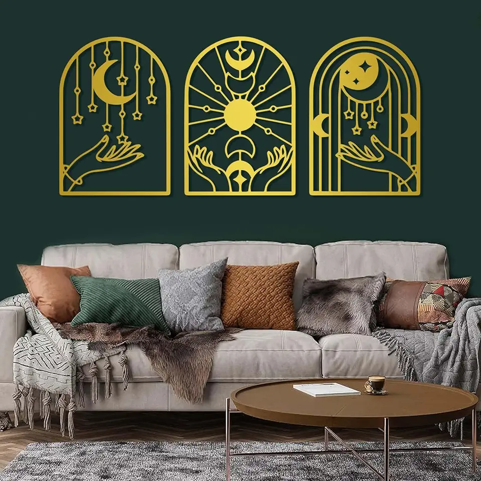 Sun Moon Stars Wall Decor, Metal Moon Wall Decor, Metal Star Wall Decor, Metal Sun Wall Decor, Astrology Wall Decor, Bohemian Wall Decor, Wall Decor for Bedroom (Gold, 53