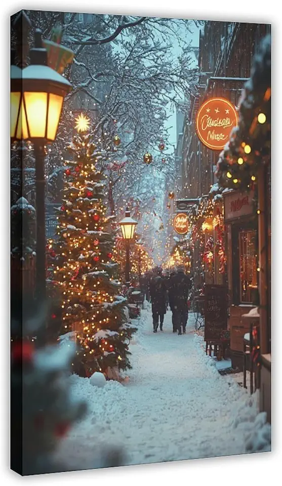 ZMLIS Festive Christmas Square Wall Art – European Snowy Town with Holiday Decorations – Magical Cozy Winter Decor Canvas Poster Bedroom Decor Sports Landscape Office Room Decor Gift Frame 20x30inch