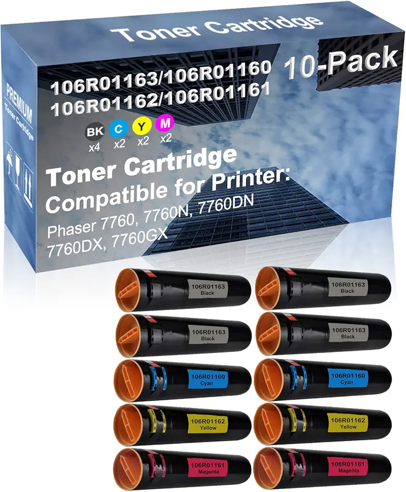 10-Pack (4BK+2C+2Y+2M) Compatible 7760, 7760N, 7760DN, 7760DX, 7760GX Printer Toner Cartridge High Capacity Replacement for 106R01163+ 106R01160+ 106R01162+ 106R01161 Toner Cartridge