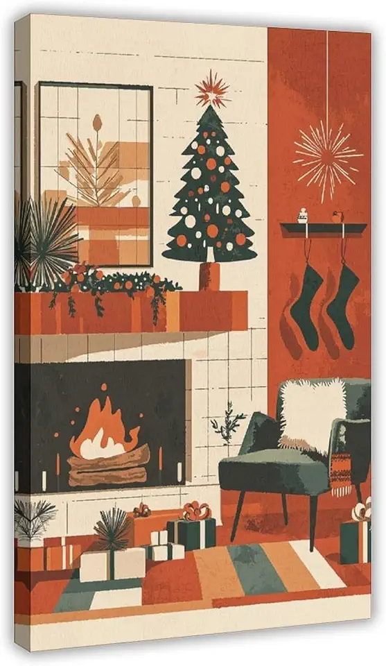 Minimalist Christmas Poster – Mid-Century Modern Holiday Wall Art, Geometric Tree And Stockings, Warm Vintage Winter Decoration Modern Wall Prints Abstract Geometric Minimalist Art Framed Canvas Print