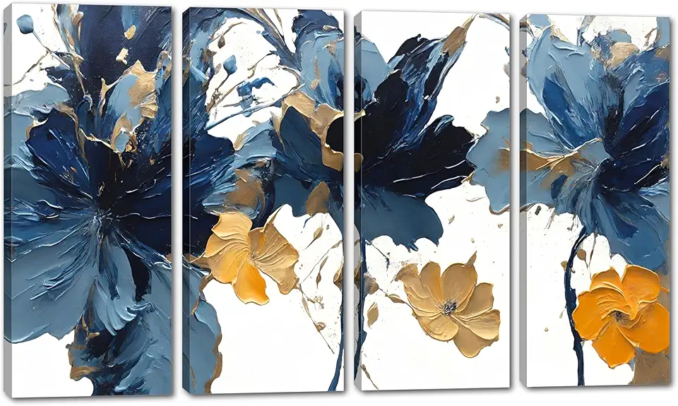80 x 50 TOTAL - Abstract Floral Wall Art Canvas Botanical Prints 4 Panel Split Impasto Style blue, orange - Flat 2D