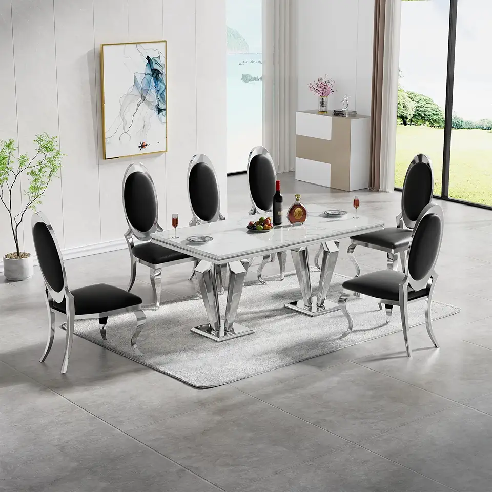 Luxury Marble Dining Table Set for 6, 7 Piece Faux Marble Kitchen Dining Room Table and 6 Leather Upholstered Chairs w/Oval Backrest Stainless Steel Legs,Modern Kitchen Dining Table and Chairs Set