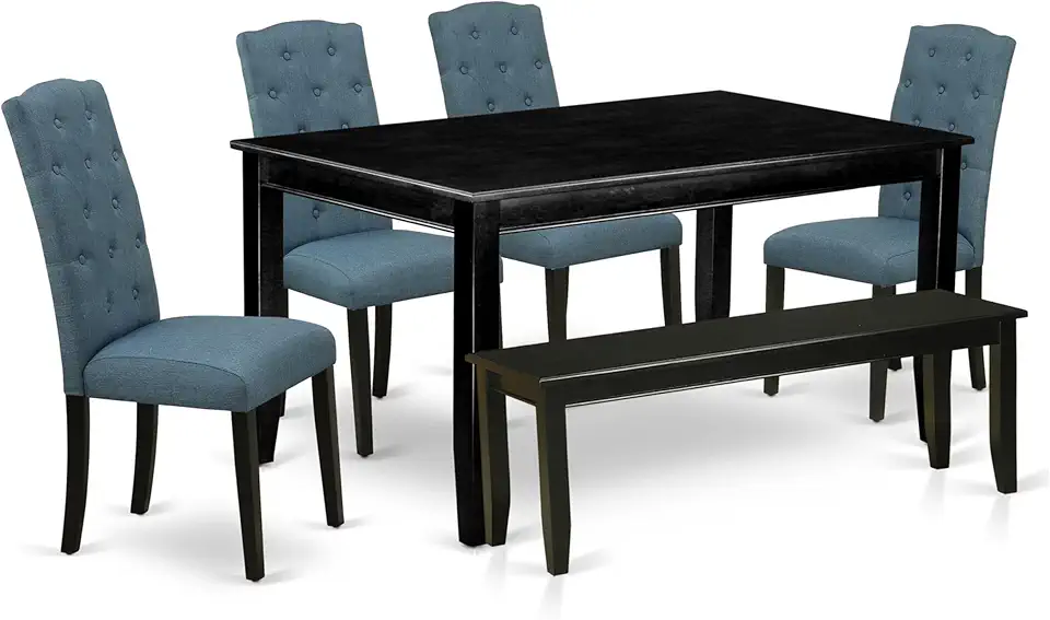 East West Furniture DUCE6-BLK-21 6 Piece Dinette Set Contains a Rectangle Dining Room Table and 4 Mineral Blue Linen Fabric Parson Chairs with a Bench, 36x60 Inch, Black