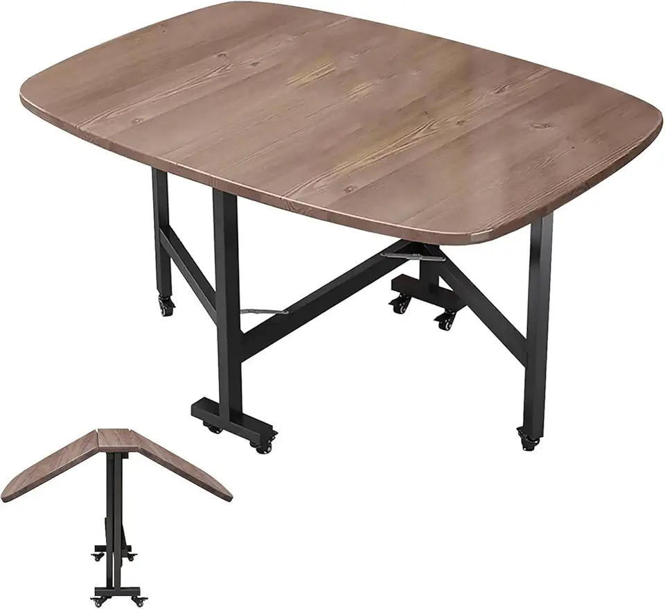 Space Saving Folding Kitchen Table, Heavy Duty Folding Dining Desk With Wheels, Double-sided Folding, Carbon Steel Frame, Strong Load-bearing Capacity, Wooden Foldable Kitchen Table With 6 Wheels(Waln