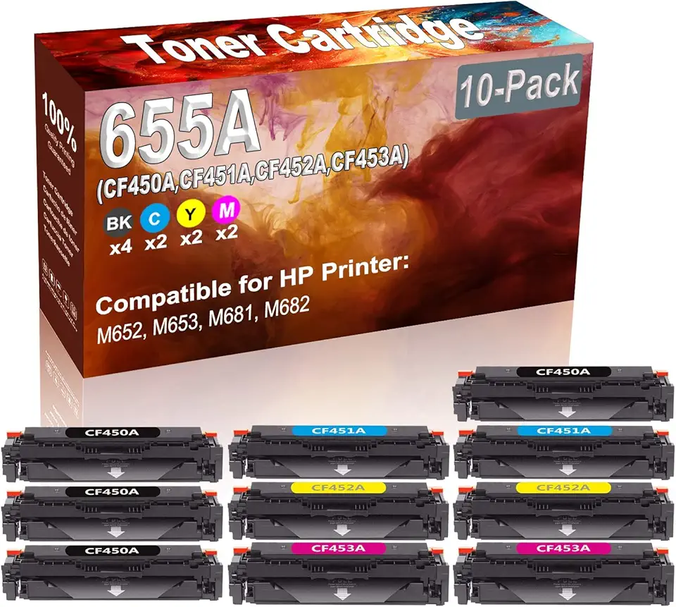 10-Pack (4BK+2C+2Y+2M) Compatible M652, M653, M681, M682 Laser Printer Toner Cartridge (High Capacity) Replacement for HP 655A (CF450A CF451A CF452A CF453A) Printer Toner Cartridge