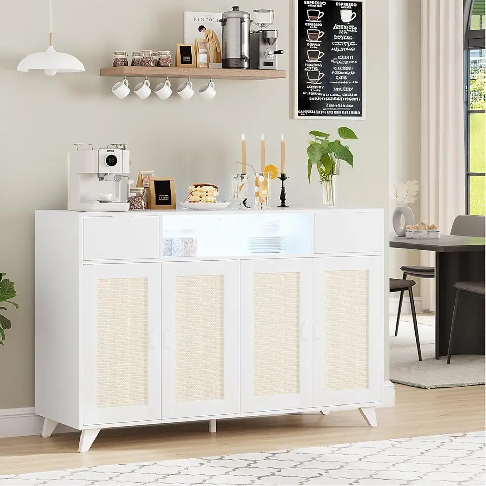 Sideboard Buffet Cabinet with Power Outlet & LED Light,4 Rattan Doors 2 Drawers Accent Storage Cabinet,Console Table Coffee Bar, Adjustable Shelves for Kitchen Dining Living Room Hallway