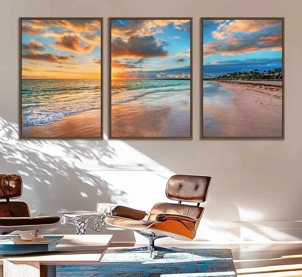 Sunset Ocean Waves on Tropical Beach, 3-Panel Giclee Canvas Art for Coastal Home Decor, Framed Sunset Ocean Wall Art 3 Panel Floating Frame/Walnut / 90