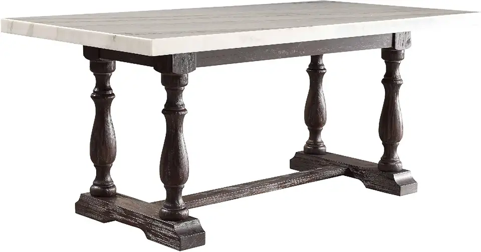 Benjara Wooden Dining Table with Marble Top, White and Brown