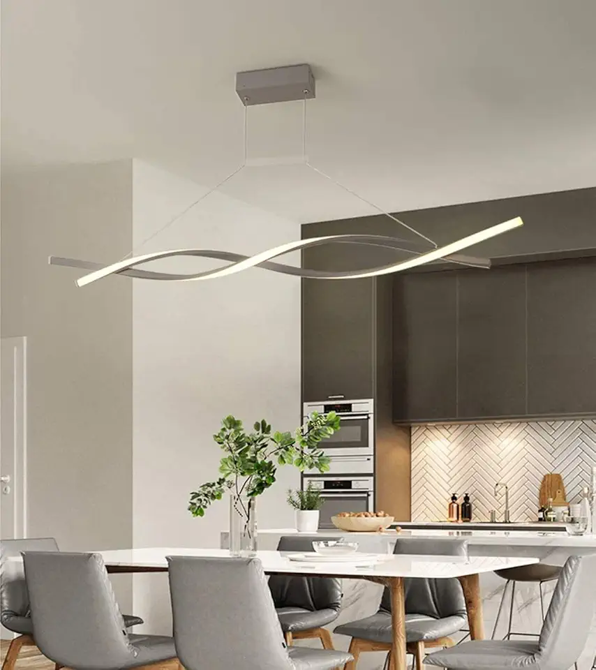 Wave Design LED Pendant Light Curl Linear Adjustable Hanging Lamp Nordic Style Modern Spiral Chandelier for Kitchen Island Dining Table Living Room,Black+Stepless Dimming-80cm