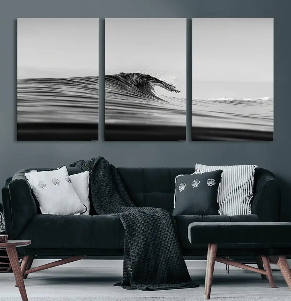 Black Wave Wall Art Canvas Print – Framed Abstract Surf Minimalist Ocean Modern Coastal Seascape Artwork for Home Office 3 Panel Canvas Print/Gallery Wrapped / 90