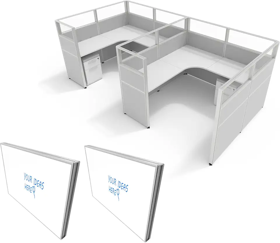 SUNLINE Office Cubicle - Modular Office Cubicle System with 7 Layout Options, Adjustable Panels, Wall Partitions, Drawers and 2 Magnetic Whiteboards, Customizable U and L Shaped Desk - Light Grey