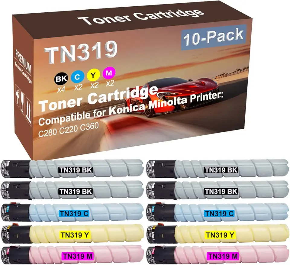10-Pack (4BK+2C+2Y+2M) Compatible High Yield TN319 (TN319K+ TN319C+ TN319Y+ TN319M) Laser Printer Toner Cartridge Used for Konica Minolta Bizhub C280 C220 C360 Printer