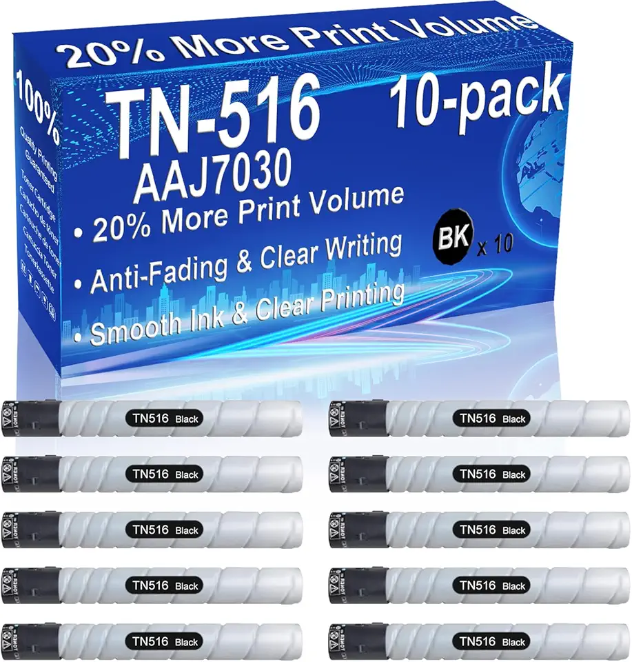 10-Pack (Black) Compatible High Yield TN516 TN-516 Imaging Toner Cartridge use for Minolta Bizhub 458e, 558e, 658e Printer
