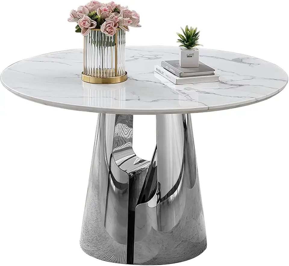 47 Inch Round Dining Table for 6 People, Modern Dining Room Tables with Faux Marble Top and Silver Stainless Steel Pedestal, 47