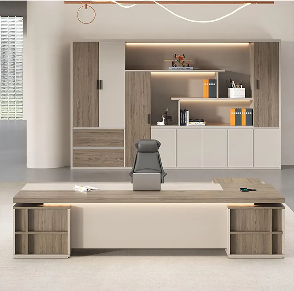 Modern Large Executive Desk 94.4 Inch L Shaped Computer Desk Office Desk with Drawers and Storage Shelves Business Workstation Home Office Desk with Metal Frame