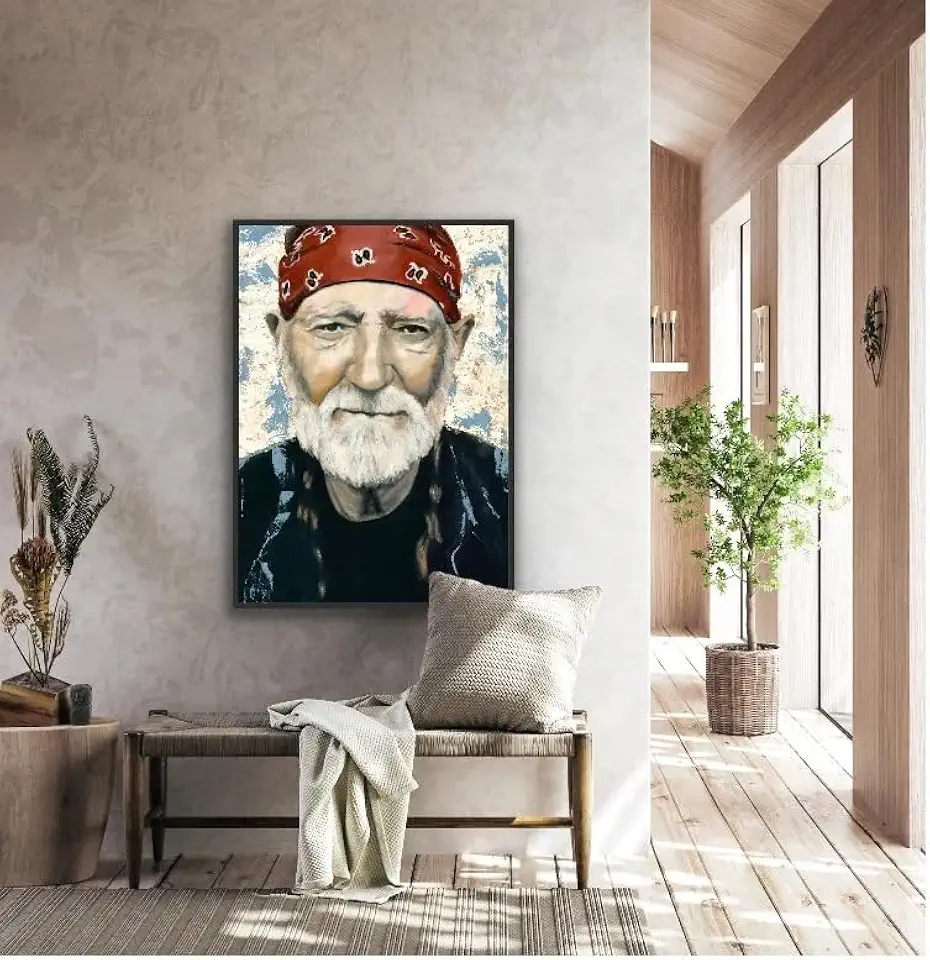 TERRYCRUMSTUDIO Willie In Red Bandana, Canvas Print, By Artist, Terry Crum. (Framed in White Floater Frame, Canvas Size, (20x34), Willie in Red Bandana)