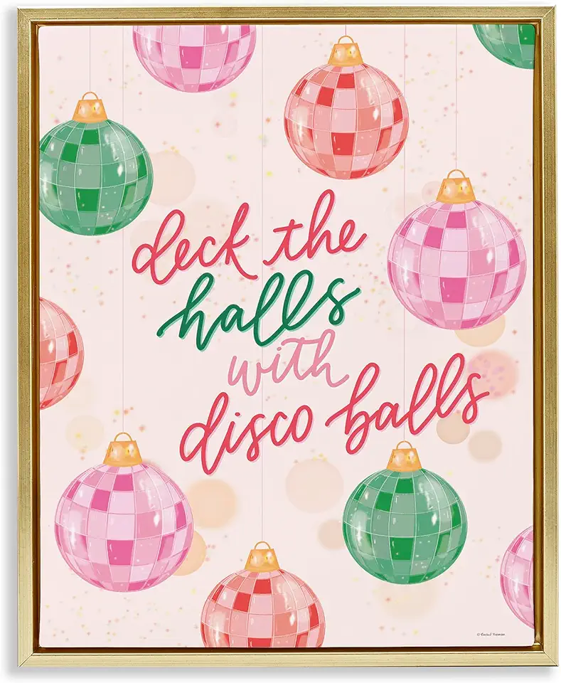 Stupell Industries Deck The Halls Disco Balls Gold Framed Floater Canvas Wall Art Design by Rachel Nieman, 17 x 21
