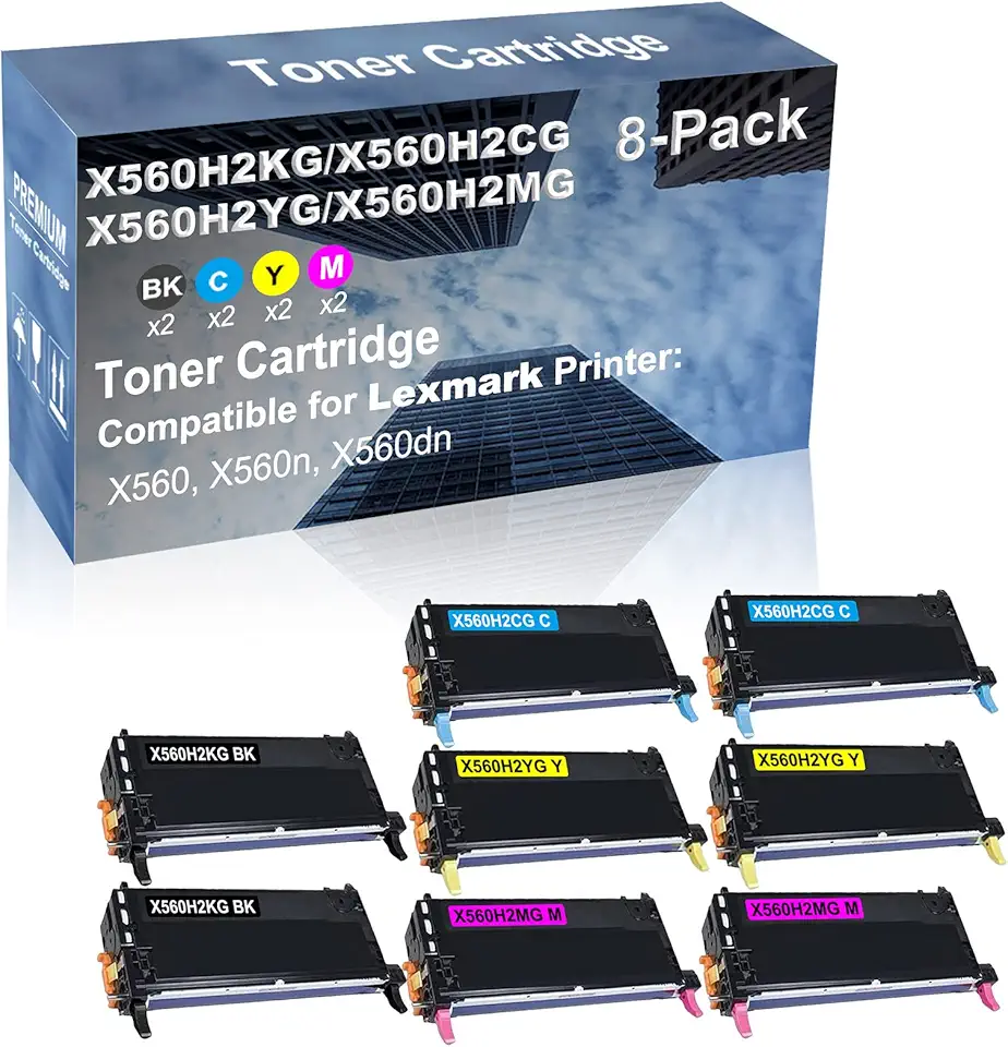 8-Pack (2BK+2C+2Y+2M) Compatible High Capacity X560H2KG+ X560H2CG+ X560H2YG+ X560H2MG Toner Cartridge Used for Lexmark X560, X560n, X560dn Printer