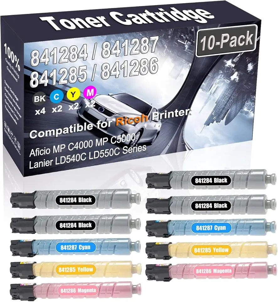 10-Pack (4BK+2C+2Y+2M) Compatible High Yield 841284 841287 841285 841286 Printer Toner Cartridge use for Ricoh Aficio MP C4000 MP C5000 Printers
