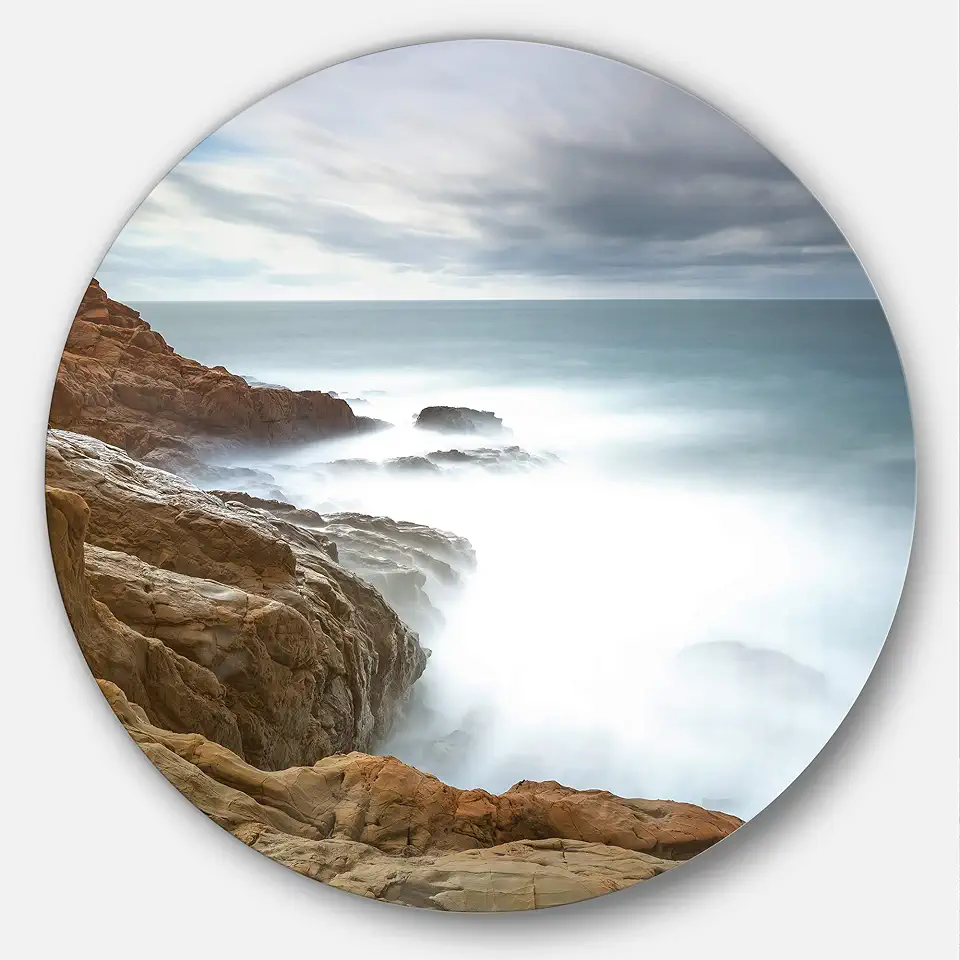 Designart Dark Red Rocks and Foam Waves Seashore Metal Wall Art-Disc of 23 inch, 23X23-Disc