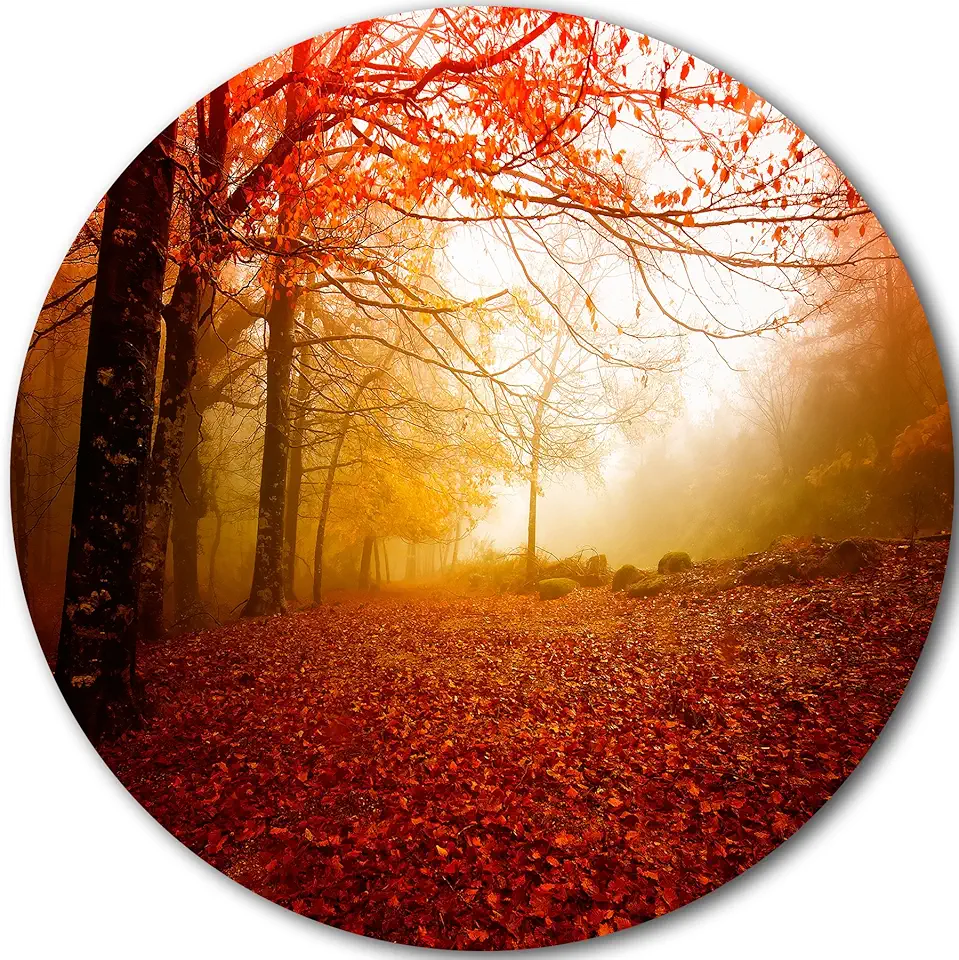 Designart Yellow Sun Rays in Red Forest-Landscape Photo Round Metal Wall Art-Disc of 23, 23'' H x 23'' W x 1'' D 1P