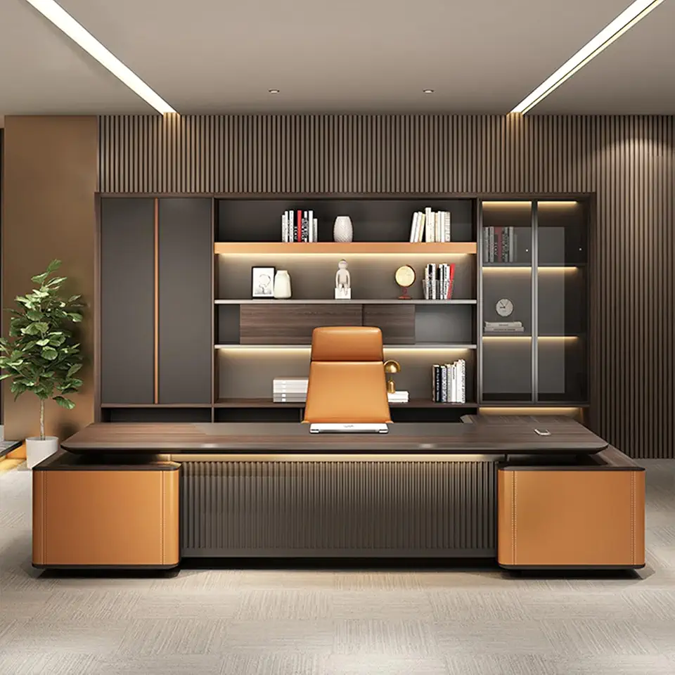 YZABEL Large 102 inch Computer Desk with LED Light Strip, L Shaped Executive Desk with Storage Cabinet, Writing Table Business Furniture Set Workstation for Home Office