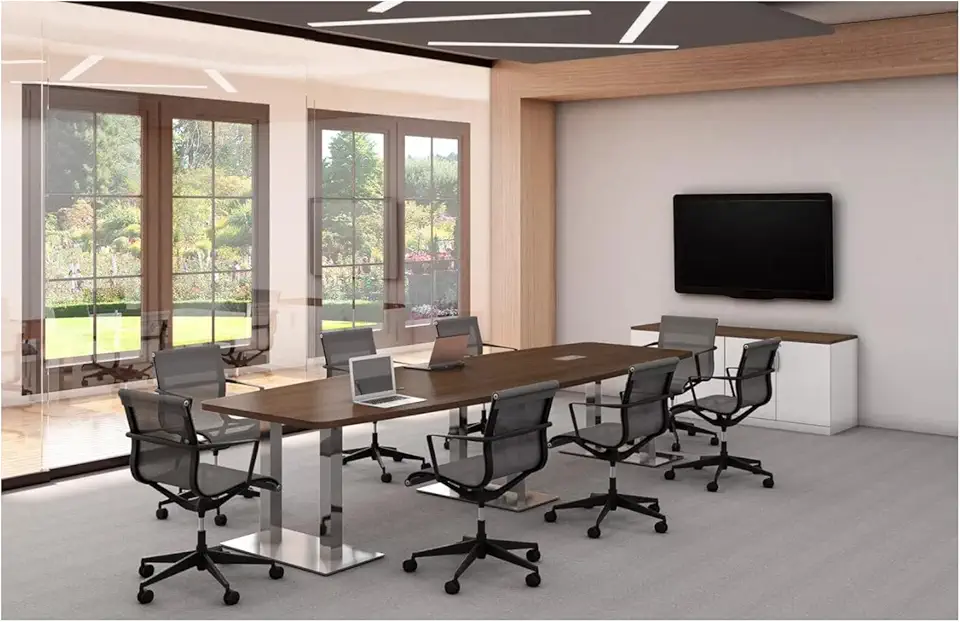 Thaweesuk Shop New Cherry Finishes 10 ft Modern Executive Boat Shaped Wood Conference Table Dual Post Metal Legs Grommets Racetrack Boardroom Room Meeting Business Furniture 118