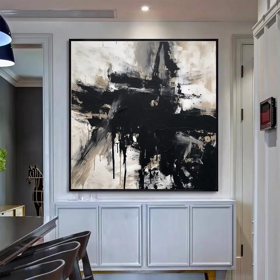 GYJAGHL Minimalist Beige & Black Abstract Wall Art,Oil And Acrylic Canvas Painting,Minimalist Beige Painting On Canvas,Housewarming Gifts,Unstretched,Frameless,(183X183cm) 72X72Inches