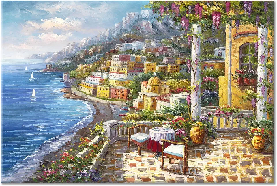 Italy Canvas Wall Art - Mediterranean Wall Art - Italian & Paris Cafe Artwork Oil Paintings Seaside Seascape Picture for Bedroom Wall Decor 36