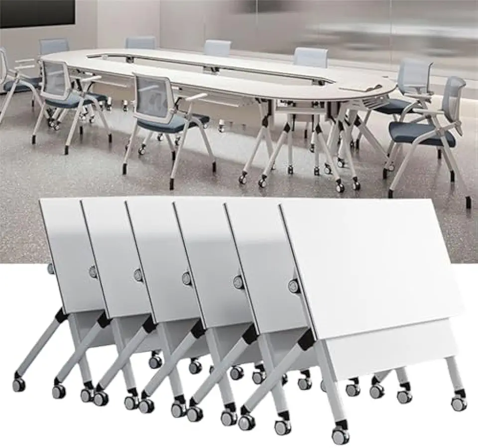 6PCS Modern White Rectangular Folding Conference Table with Silent Wheels for Office Meeting Room Classroom 63in