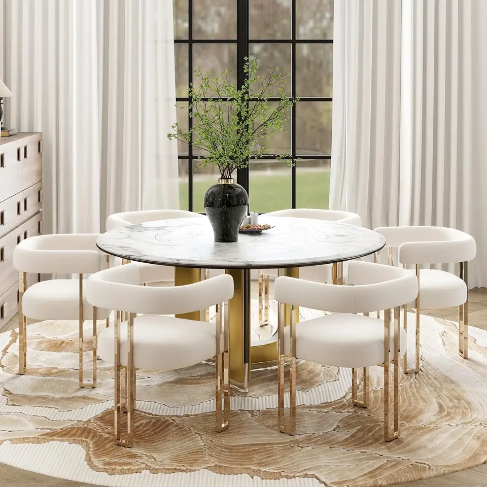 Sponsored Ad - Beige and Gold Modern Dining Chairs Set of 6, Velvet Upholstered Barrel Armchairs with Metal Legs for Kitchen Island, Mid Century Accent Chairs for Dining Room Living Room, Open-Back