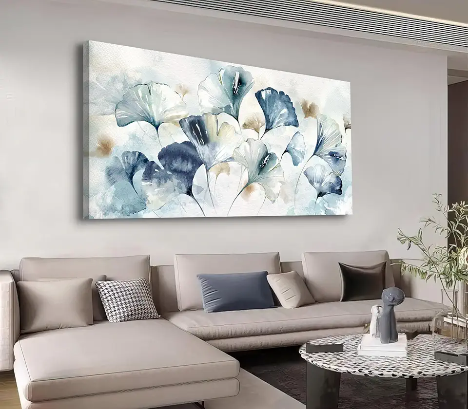 Shoci Ginkgo Leaf Wall Art - Large Blue White Brown Ginkgo Foliage Canvas Picture Rustic Colorful Leafage Painting Prints Decor Retro Botanical Artwork for Living Room Bedroom Home Office 24