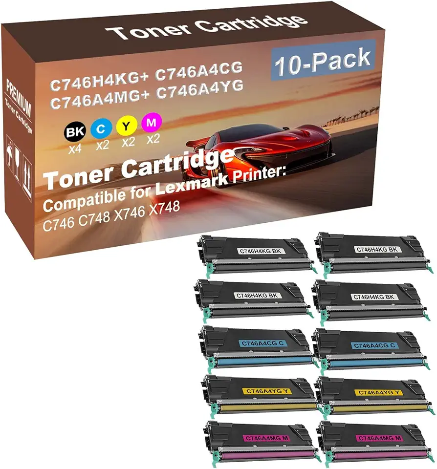 10-Pack (4BK+2C+2Y+2M) Compatible High Capacity C746H4KG+ C746A4CG+ C746A4YG+ C746A4MG Toner Cartridge Used for C746 C748 X746 X748 Printer