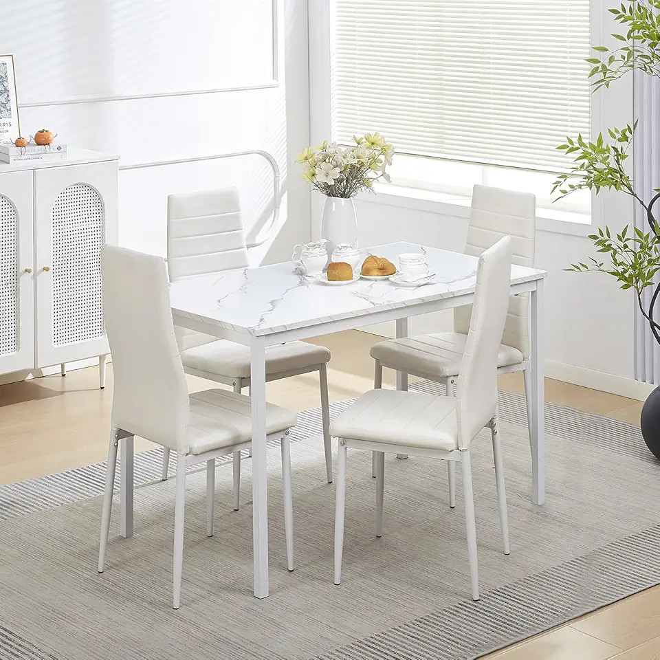 5-Pieces Marble Dining Table with Chairs, MDF Dining Table Set for 4, Marble Kitchen Table and Chairs, 5 Pcs Dining Room Set for 4 for Home Kitchen/Dinette/Restaurant
