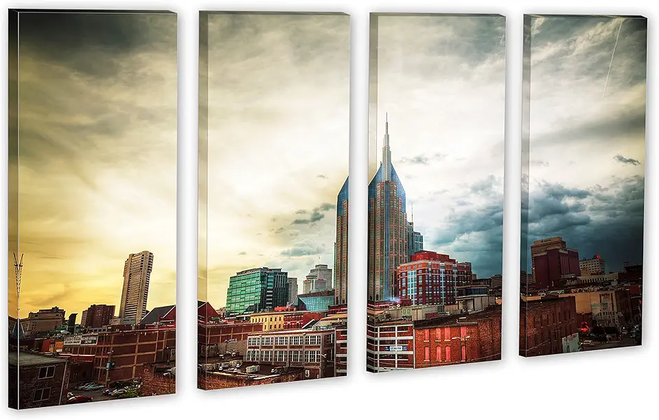 80 x 50 TOTAL - Downtown Nashville Skyline Canvas Print Wall Art - 4 Panel Split. Tennessee cityscape, USA