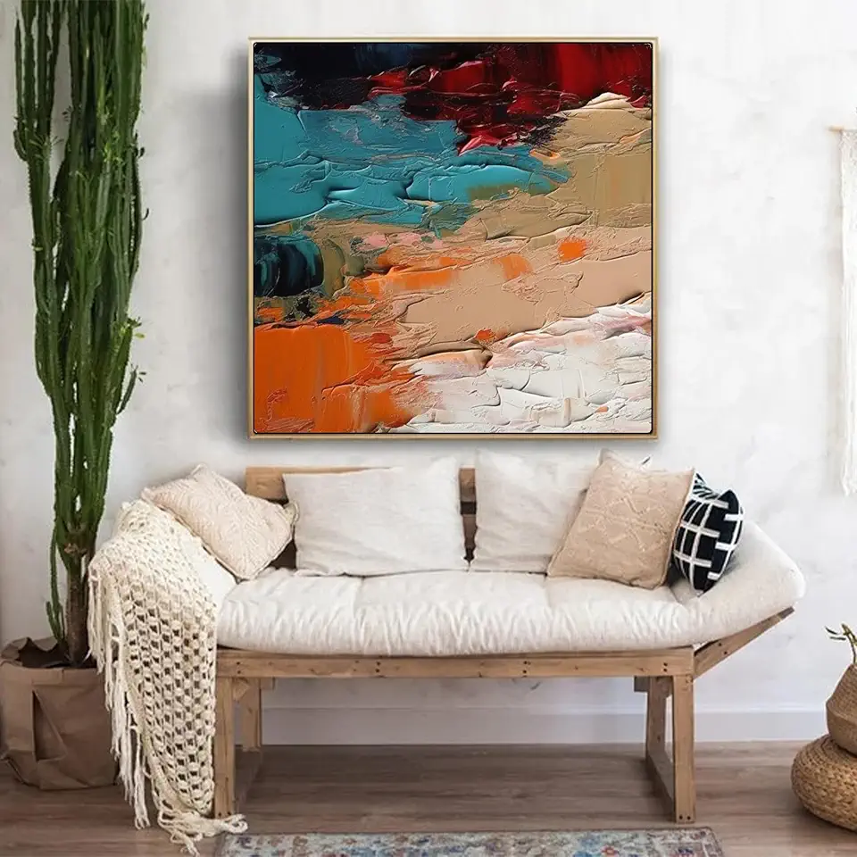 Original Dark Red Blue Abstract Acrylic Painting,Heavy Textured Art,Orange Brown Minimalist Wall Art,Multi Color Modern Wall Painting,Living Room Office Decor ,Unstretched,Frameless,(183X183cm)72X72Inches