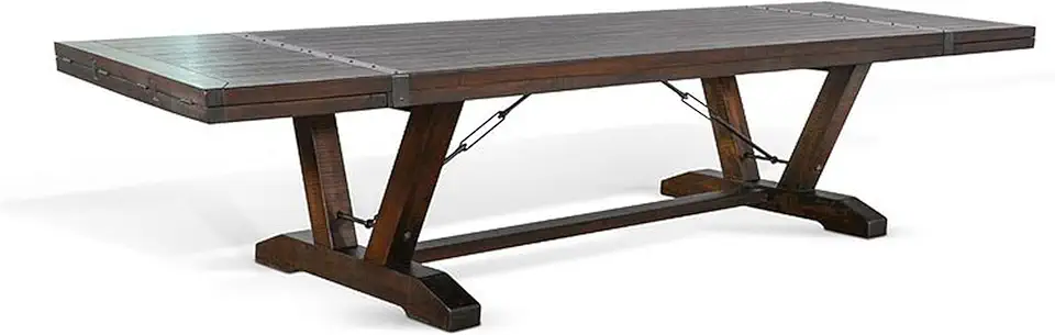 Benzara Flint Extendable Dining Table, 108-140 Inch, 2 Folding Leaves, Brown